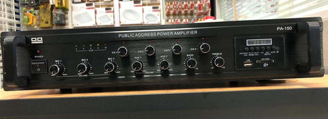 Amplificador de PA de 150W, 4 zonas, 70-100V, USB/ SD/ FM/ Bluetooth, Pantalla LCD, control remoto, montaje en rack ó sobremesa – PA-150