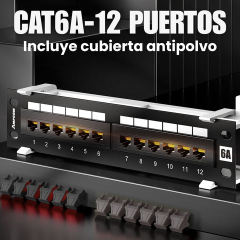 Patch panel 12 Puertos Cat6A AMPCOM incluye base
