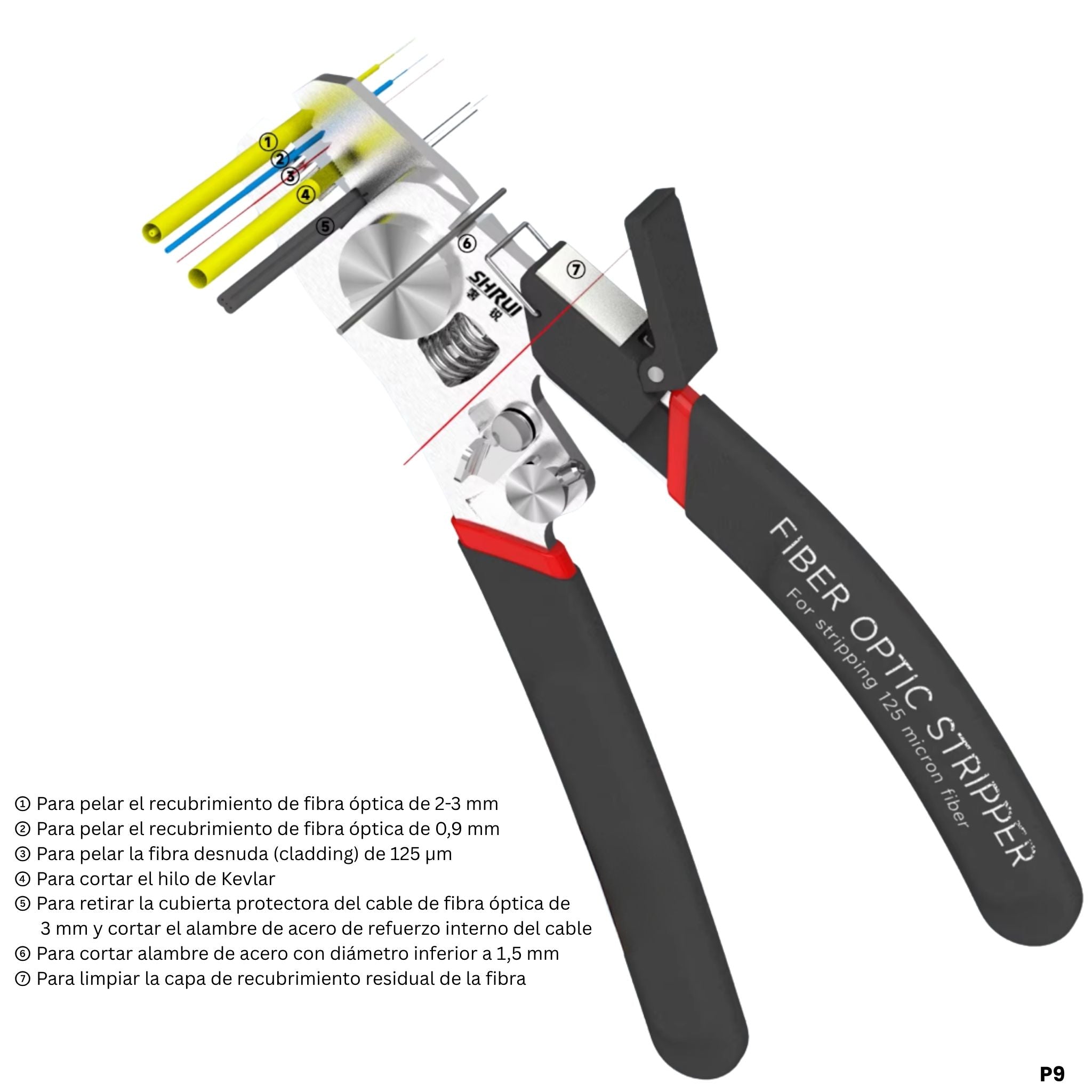 Peladora fibra óptica multifuncional P9 acero inoxidable 8 funciones FTTH 