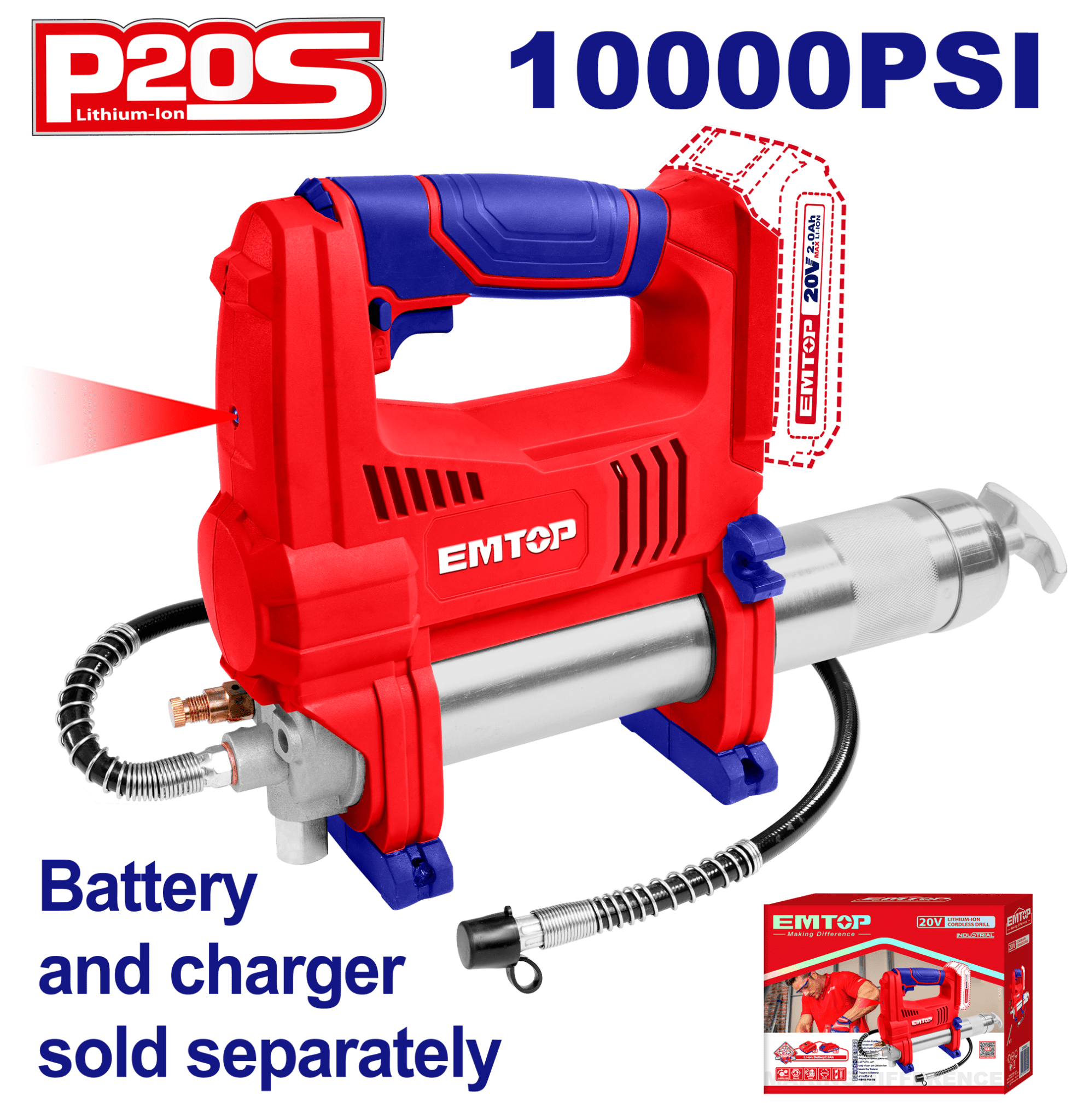 Pistola de engrase 20V 16oz 10000psi Emtop ELGR2001 - LA CASA DEL TELEFONO