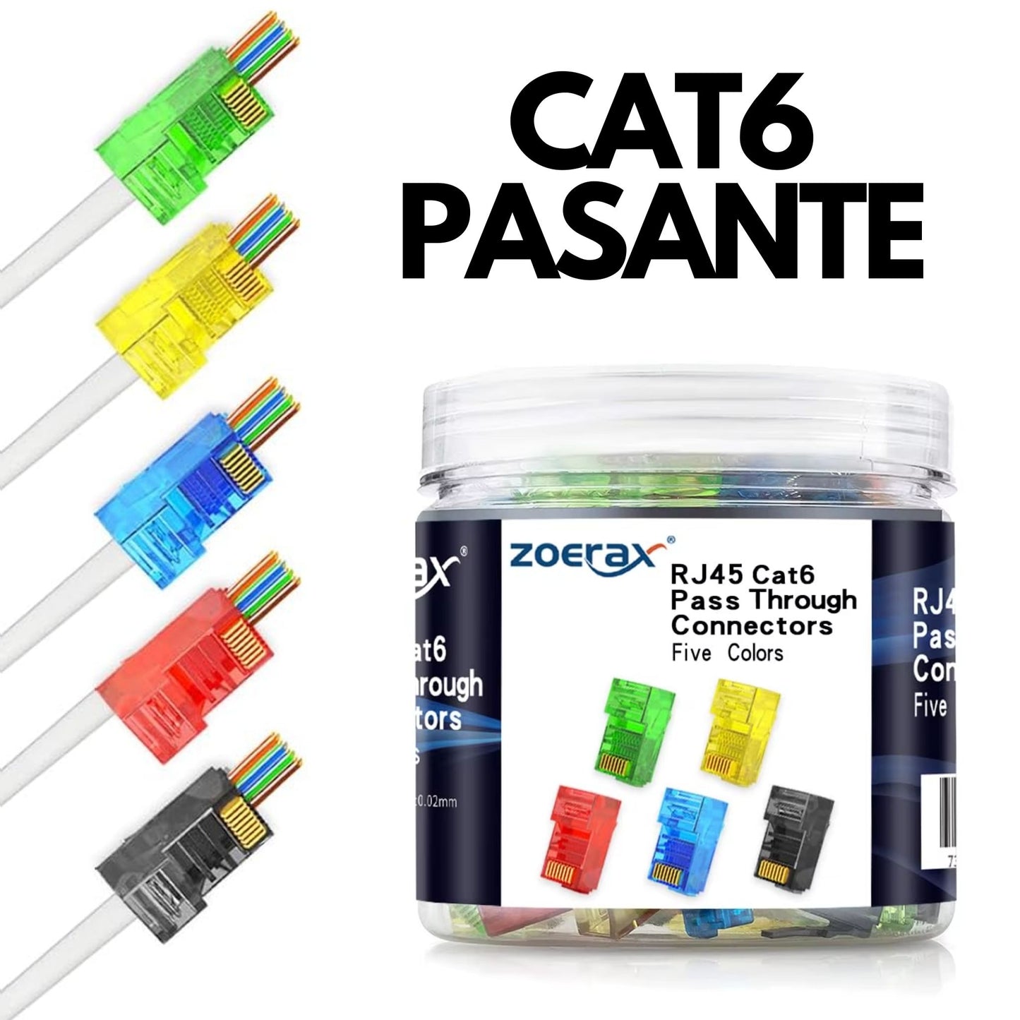 Bolsa con 100 plugs RJ45 CAT6 pasante, 5 colores