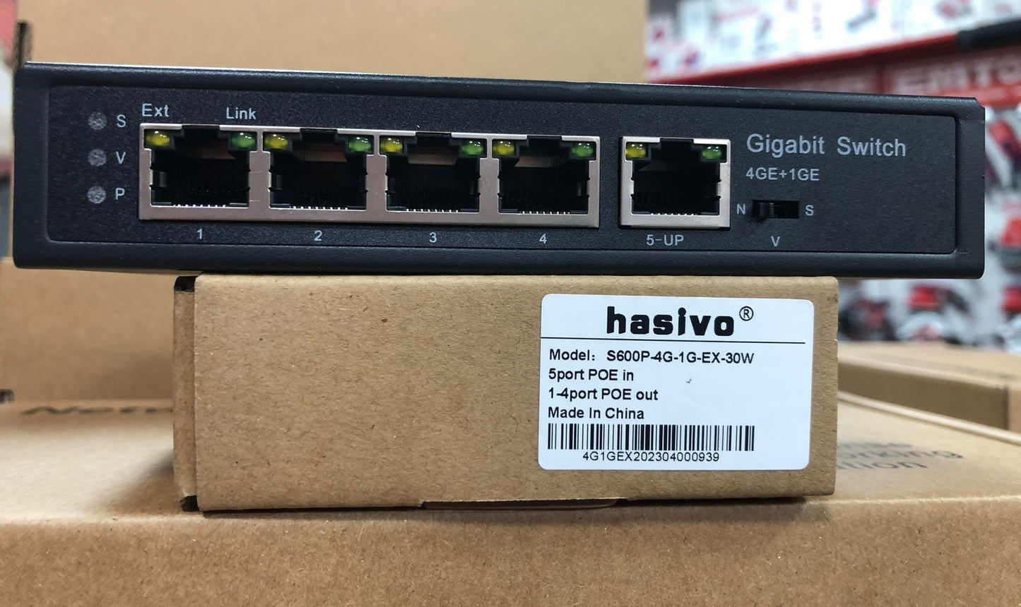 Extensor PoE y switch gigabit de 4 puertos S600P-4G-1G-EX-30W hasivo