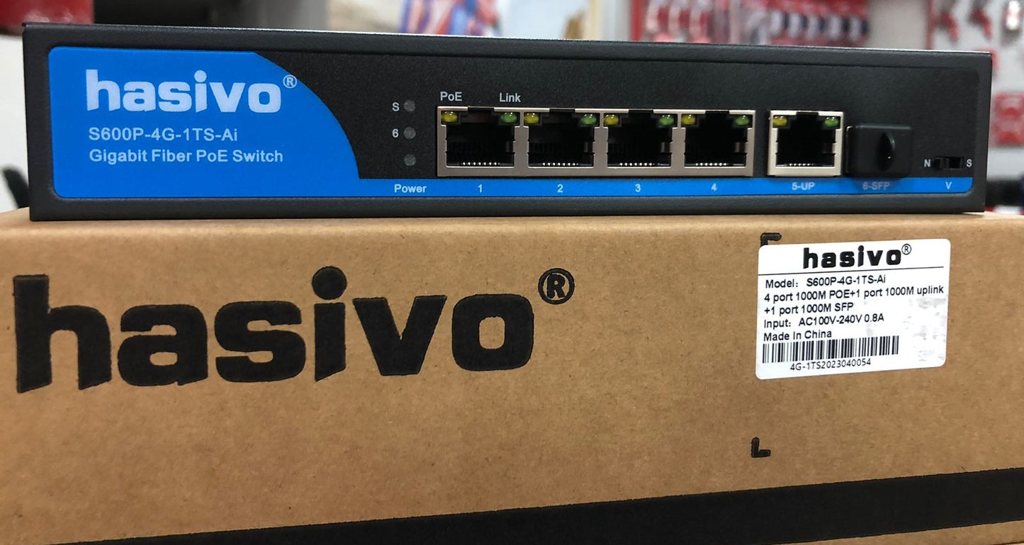 Switch de 4 puertos Gigabit PoE + 1GE uplink + 1GE SFP – S600P-4G-1TS-Ai hasivo