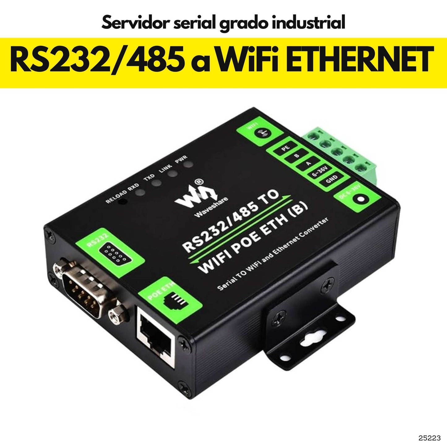 Convertidor serial industrial RS232 RS485 WiFi Ethernet Modbus carcasa metálica 