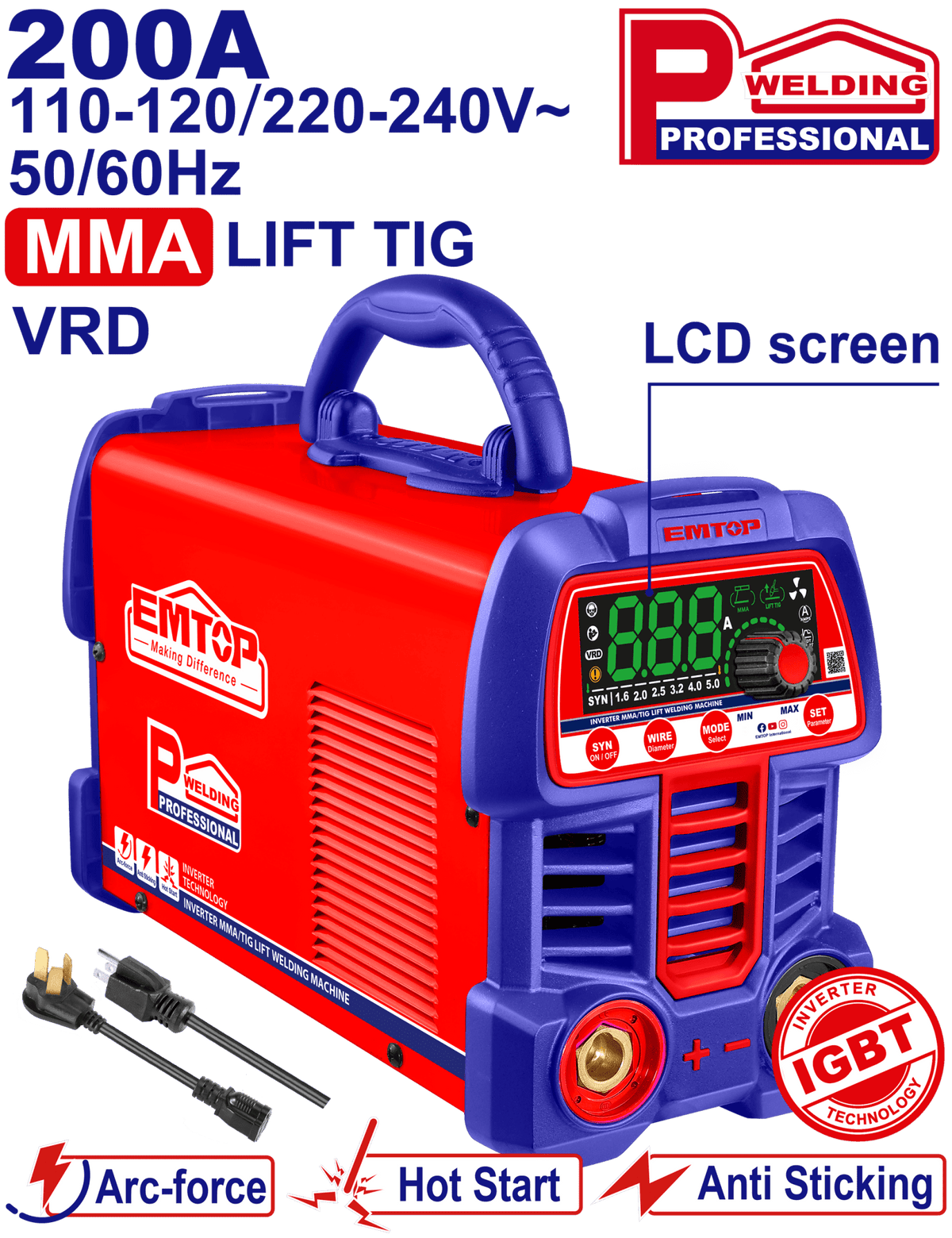 Soldadora inverter MMA / TIG 200A Emtop ULWDEM20611 - LA CASA DEL TELEFONO