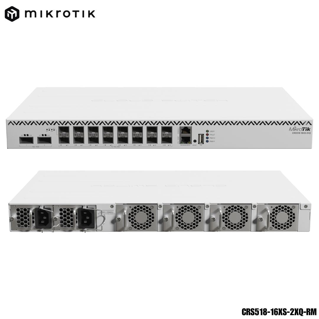 Switch de Fibra 100G MikroTik CRS518-16XS-2XQ-RM (16x SFP28 / 2x QSFP28) - LA CASA DEL TELEFONO