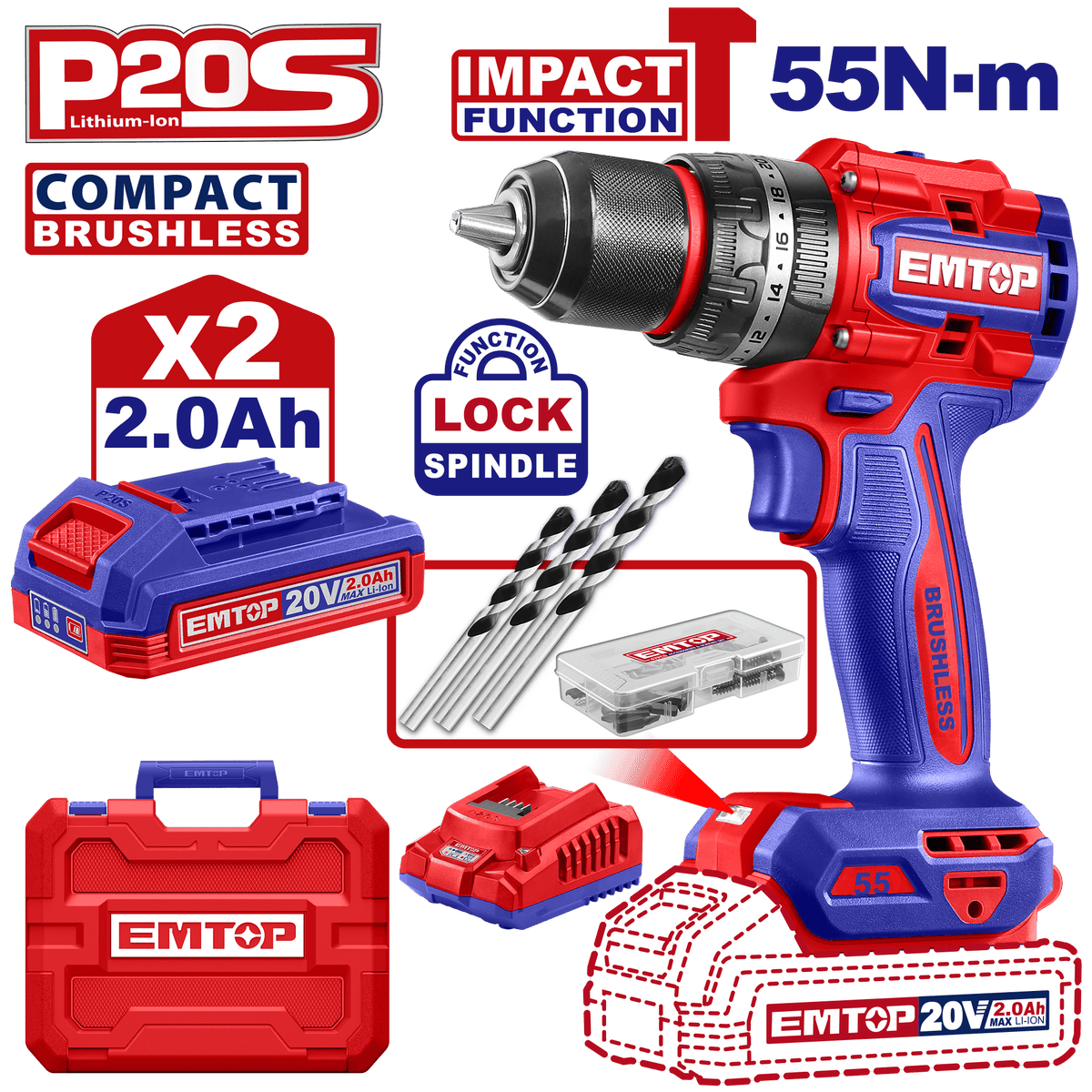 Taladro de impacto 20V 55Nm motor sin escobillas EMTOP ULCIDL20558 - LA CASA DEL TELEFONO