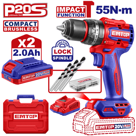 Taladro de impacto 20V 55Nm motor sin escobillas EMTOP ULCIDL20558 - LA CASA DEL TELEFONO