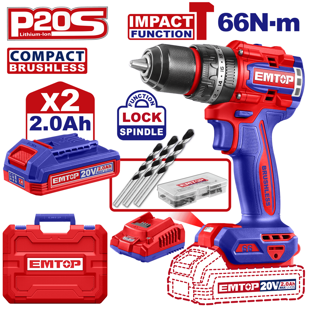 Taladro de impacto 20V 66Nm sin escobillas EMTOP ULCIDL20668 - LA CASA DEL TELEFONO