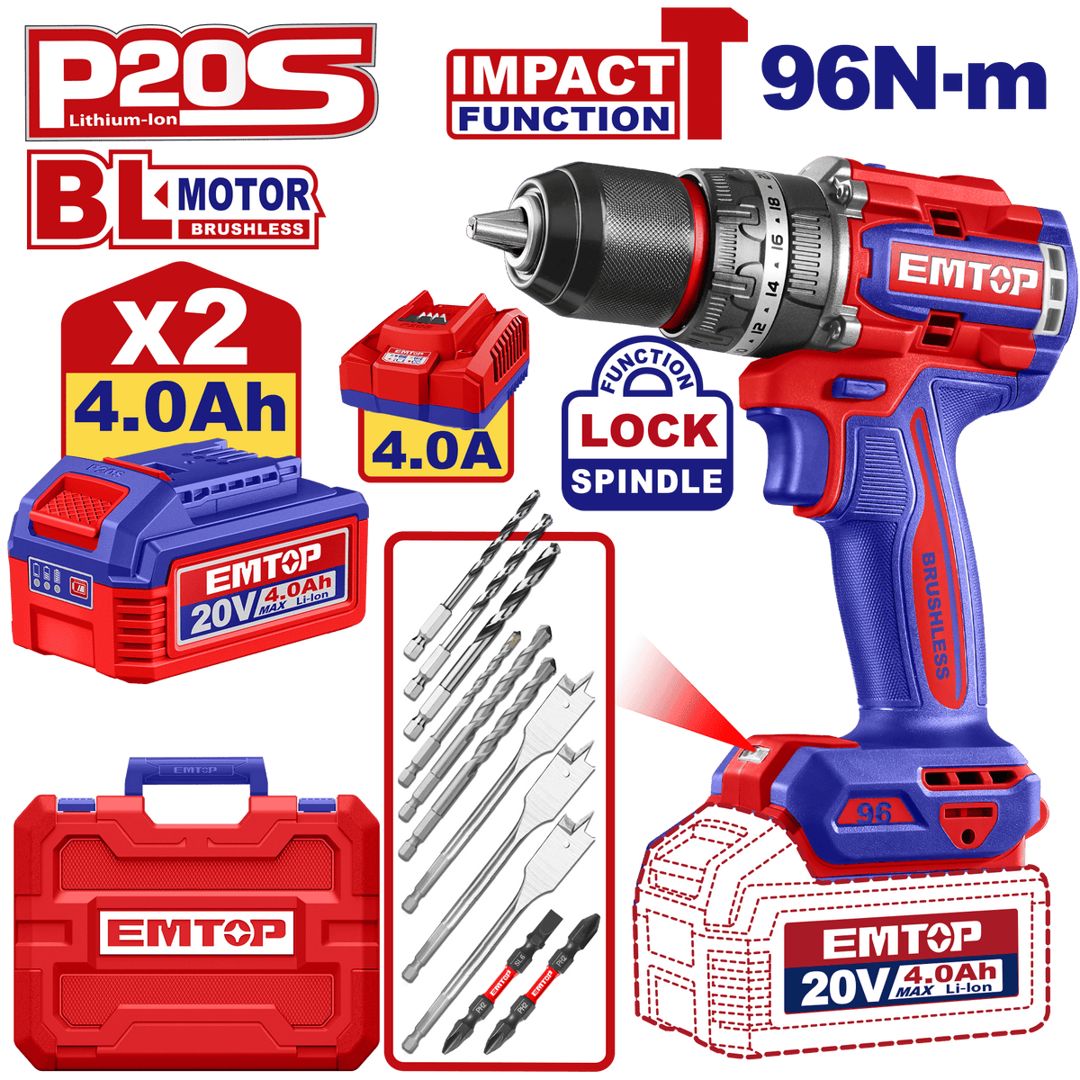 Taladro de impacto 20V 96Nm sin escobillas EMTOP ULCIDL20968 - LA CASA DEL TELEFONO