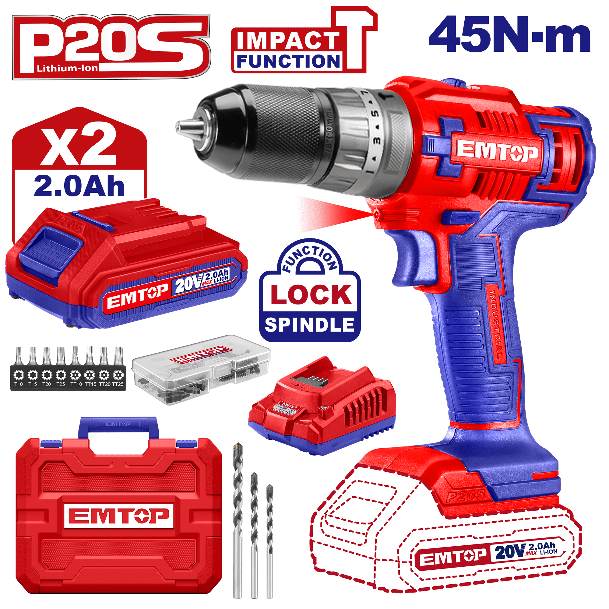 Taladro percutor 20V INDUSTRIAL con baterías y cargador Emtop ULCIDL6200128 - LA CASA DEL TELEFONO