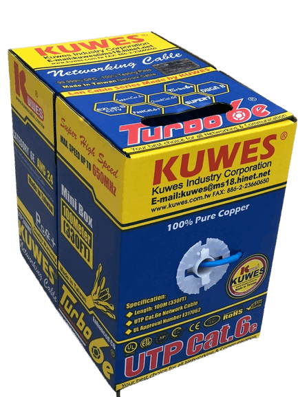 Rollo de 100M de Cable UTP CAT6 mejorado, color azul, cobre, 600MHZ, 24awg, soporta Poe+ – Kuwes TURBOBL100M