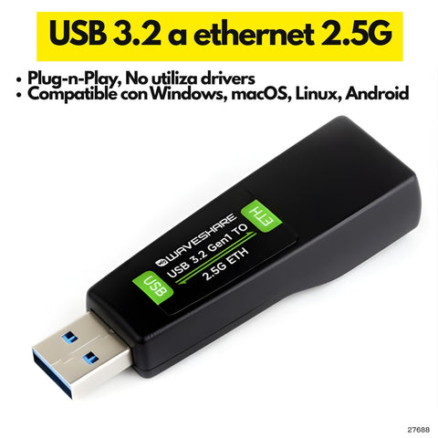 Adaptador USB a Ethernet 2.5G Waveshare de alta velocidad compatible con Windows macOS Linux y Android en Panamá