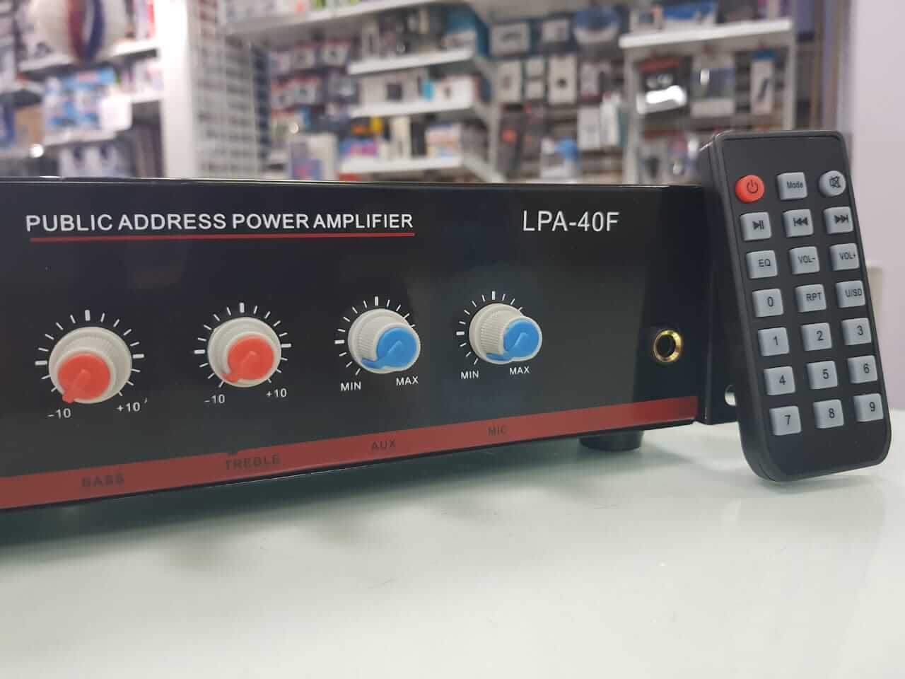 Amplificador de PA de 40W, línea de 70-100V, salida 4-16Ω, USB / SD, sintonizador FM, Bluetooth, Pantalla LCD, Control remoto – LPA-40F