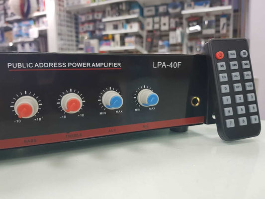 Amplificador de PA de 40W, línea de 70-100V, salida 4-16Ω, USB / SD, sintonizador FM, Bluetooth, Pantalla LCD, Control remoto – LPA-40F
