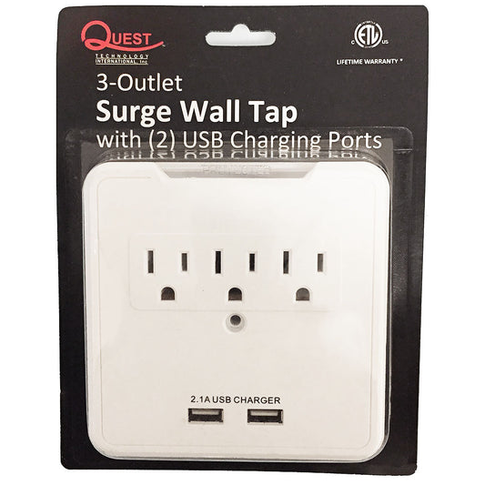 Regleta eléctrica de pared Quest EPD-0923 de 3 salidas y 2 puertos de carga USB