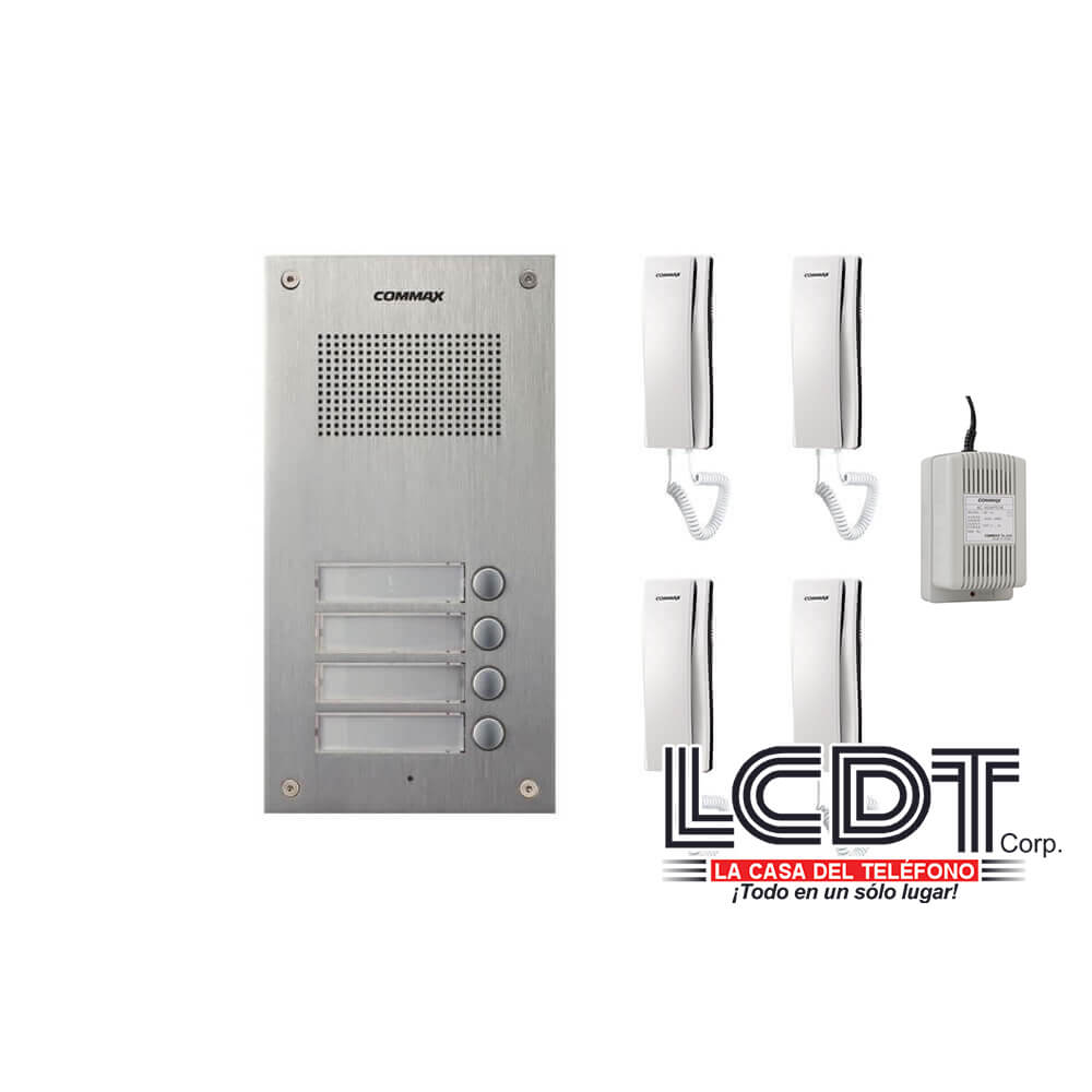 Kit de Botonera Commax DR-4UM: Botonera con 4 botones, 4 citófonos y fuente de poder