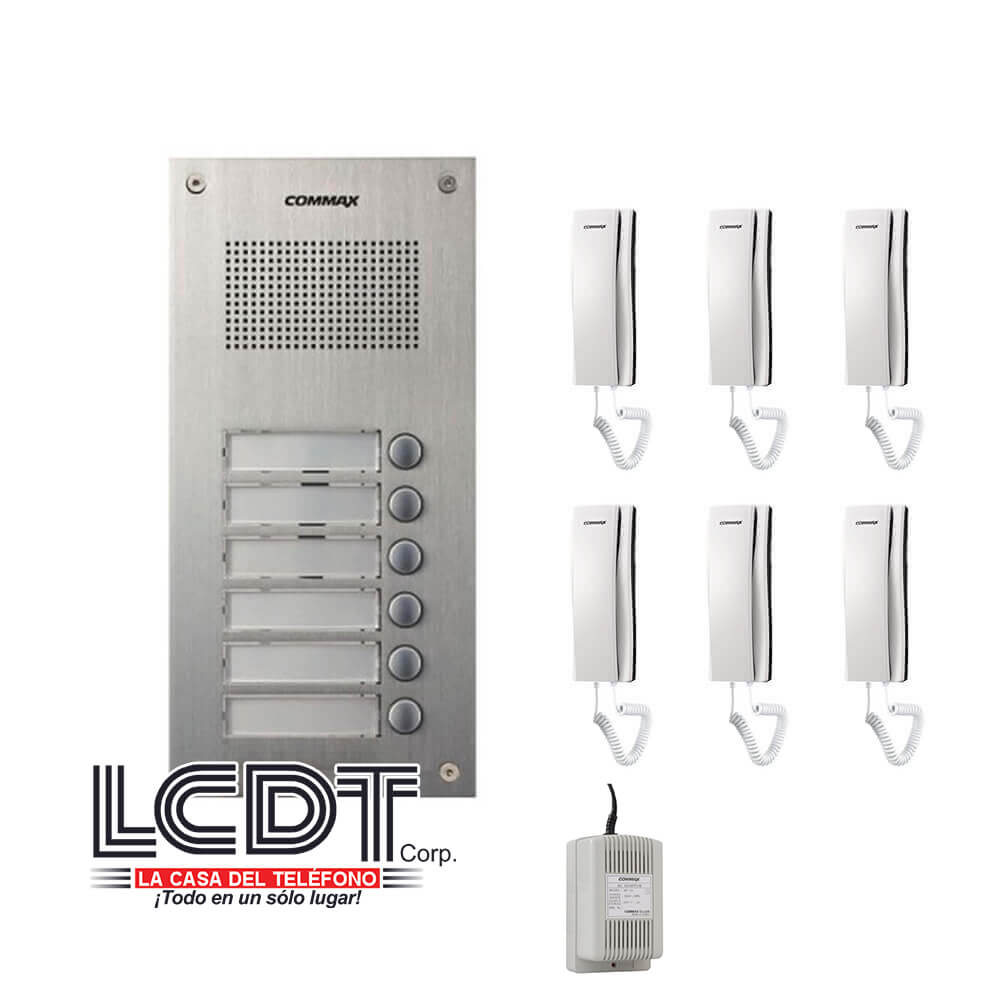 Kit de Botonera Commax DR-6UM: Botonera con 6 botones, 6 citófonos y fuente de poder