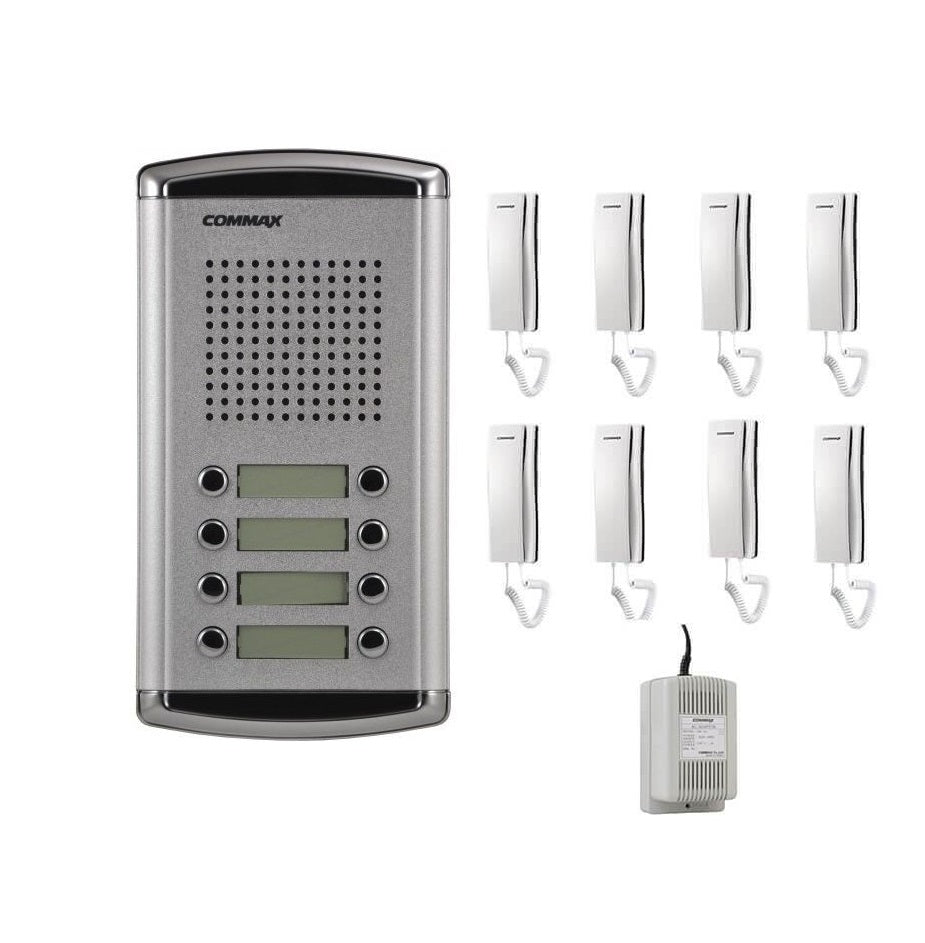 Kit de Botonera Commax DR-8AM: Botonera con 8 botones, 8 teléfonos para apartamentos y fuente de poder