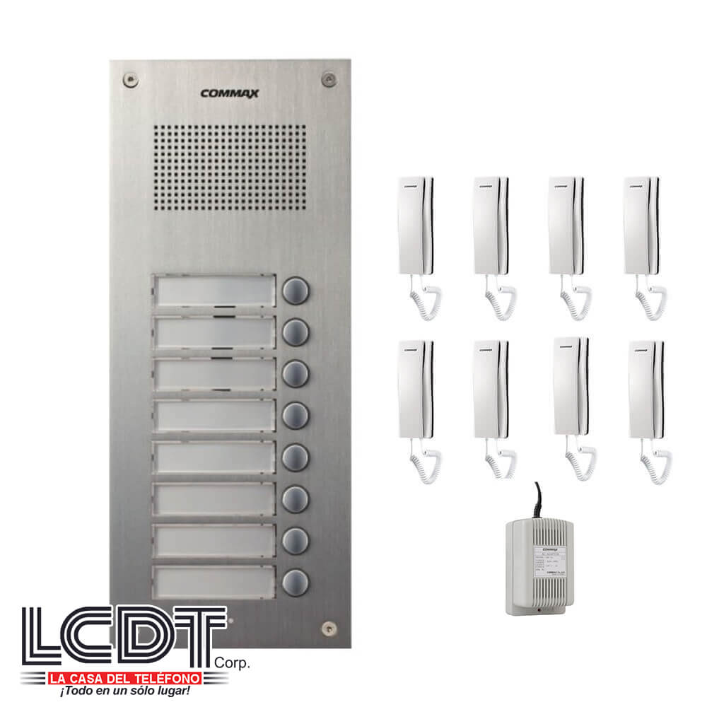 Kit de Botonera Commax DR-8UM: Botonera con 8 botones, 8 citófonos y fuente de poder