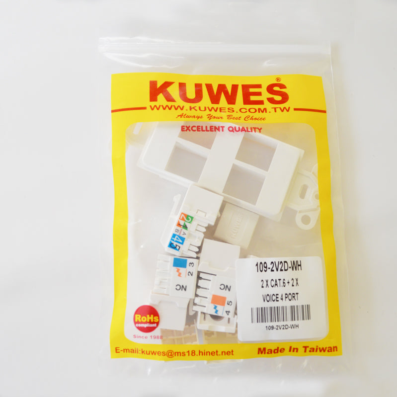 KUWES 109-2V2D-WH – Inserto decora con 4 puertos: 2x Cat6+ y 2x Cat3