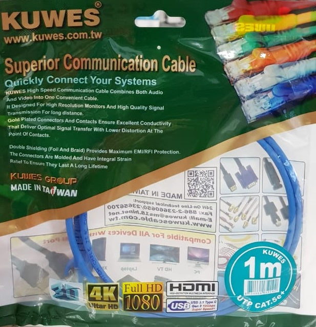 Patch Cord UTP CAT6 de 1M de largo en color Azul - Kuwes KPO1031MBL