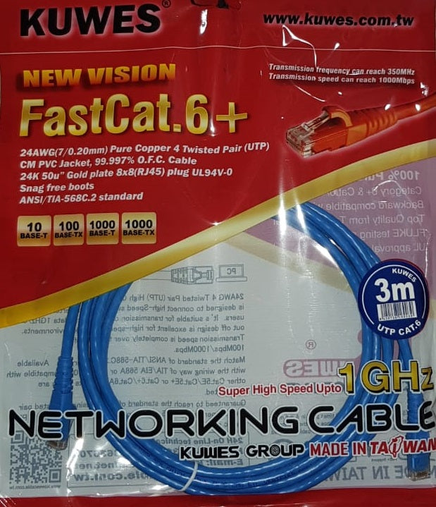 Patch Cord UTP CAT6 de 3M de largo en color azyk – Kuwes KPO1033MBL