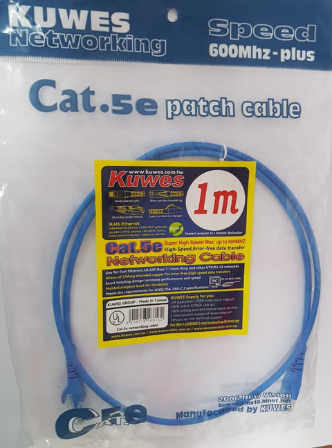 Patch Cord UTP CAT5e Azul de 1M, ultra delgado, 99.997% O.F.C. - KUWES UC5E-1M-BL