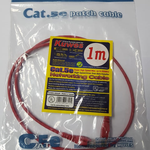 Patch Cord UTP CAT5e Rojo de 1M, ultra delgado, 99.997% O.F.C. - KUWES UC5E-1M-RD