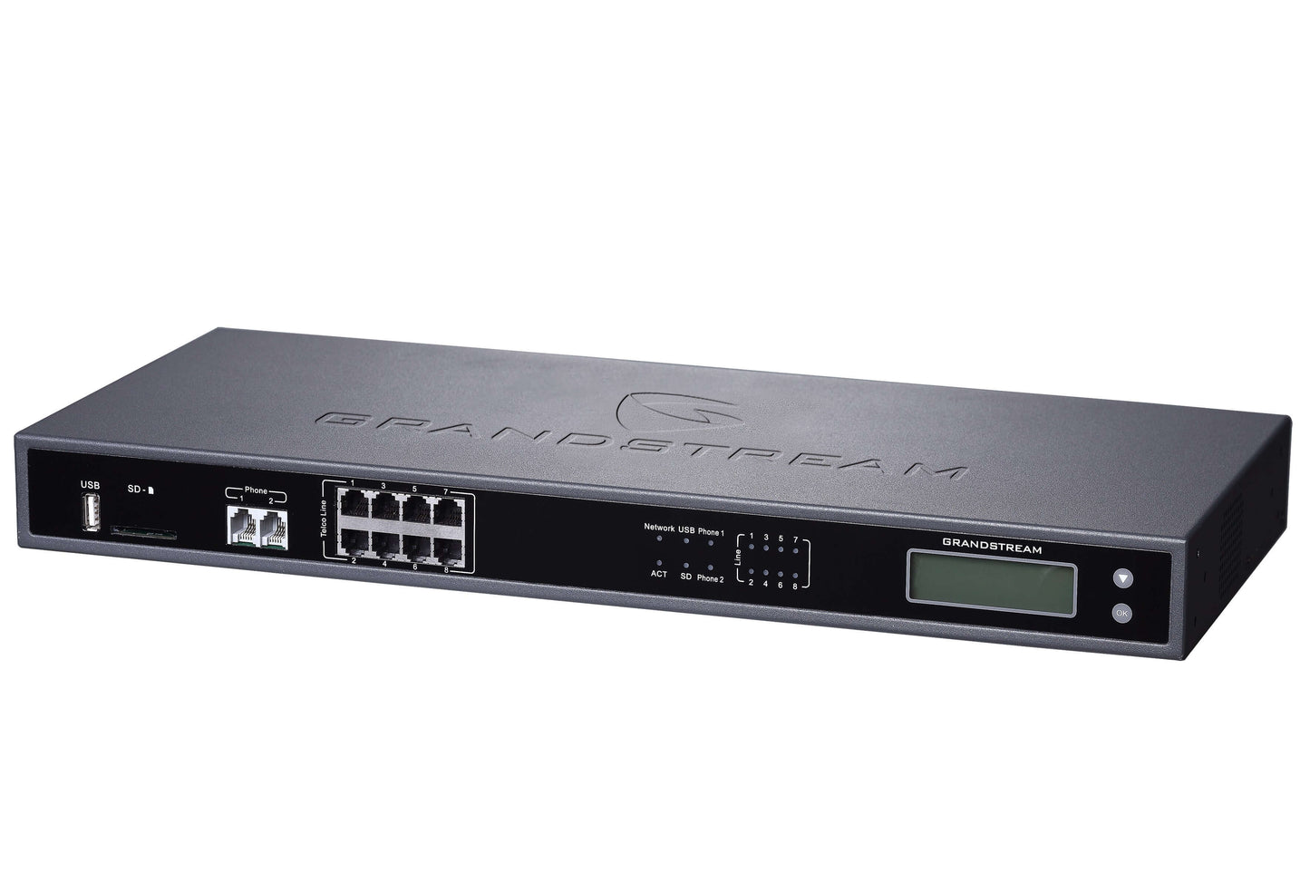 Central IP, soporta 800 usuarios, 100 llamadas concurrentes, 2 FXS, 8 FXO, 2 Gigabit con PoE+ integrado – UCM6208 Grandstream