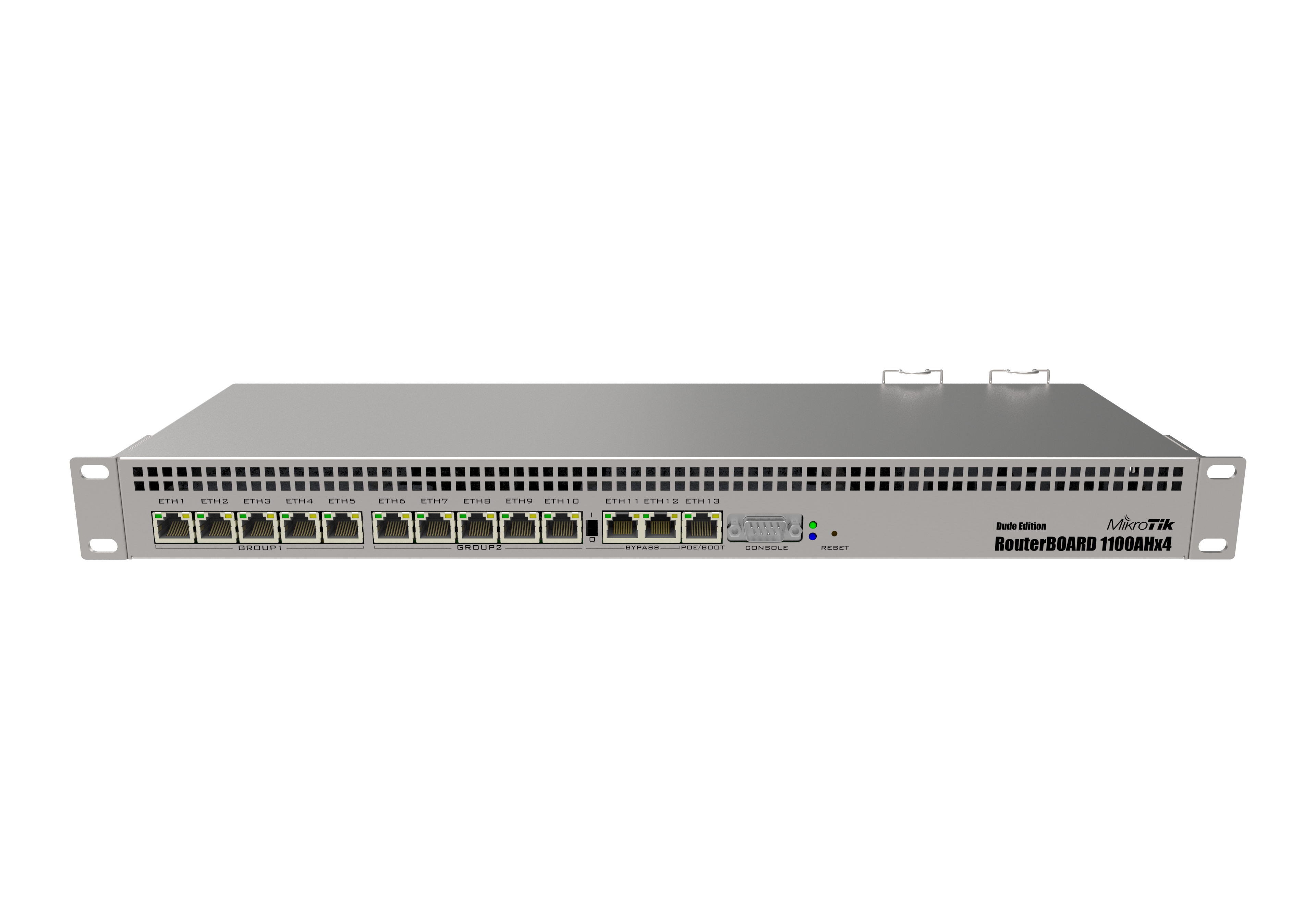 Router con 13 puertos GIGABIT, alimentación dual redundante, Unidad M.2 de 60Gb, 1U, CPU con 4 núcleos, 1GB RAM, puerto serial RS232 – RB1100AHx4 Dude Edition de Mikrotik