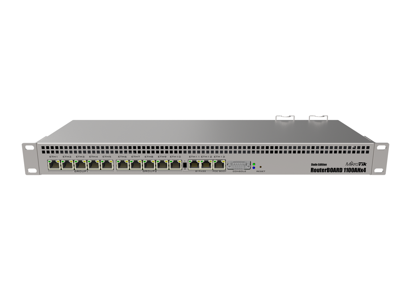 Router con 13 puertos GIGABIT, alimentación dual redundante, Unidad M.2 de 60Gb, 1U, CPU con 4 núcleos, 1GB RAM, puerto serial RS232 – RB1100AHx4 Dude Edition de Mikrotik