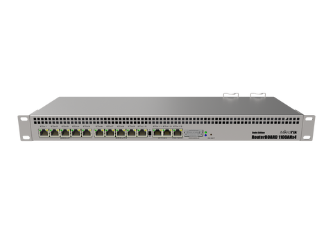 Router con 13 puertos GIGABIT, alimentación dual redundante, Unidad M.2 de 60Gb, 1U, CPU con 4 núcleos, 1GB RAM, puerto serial RS232 – RB1100AHx4 Dude Edition de Mikrotik