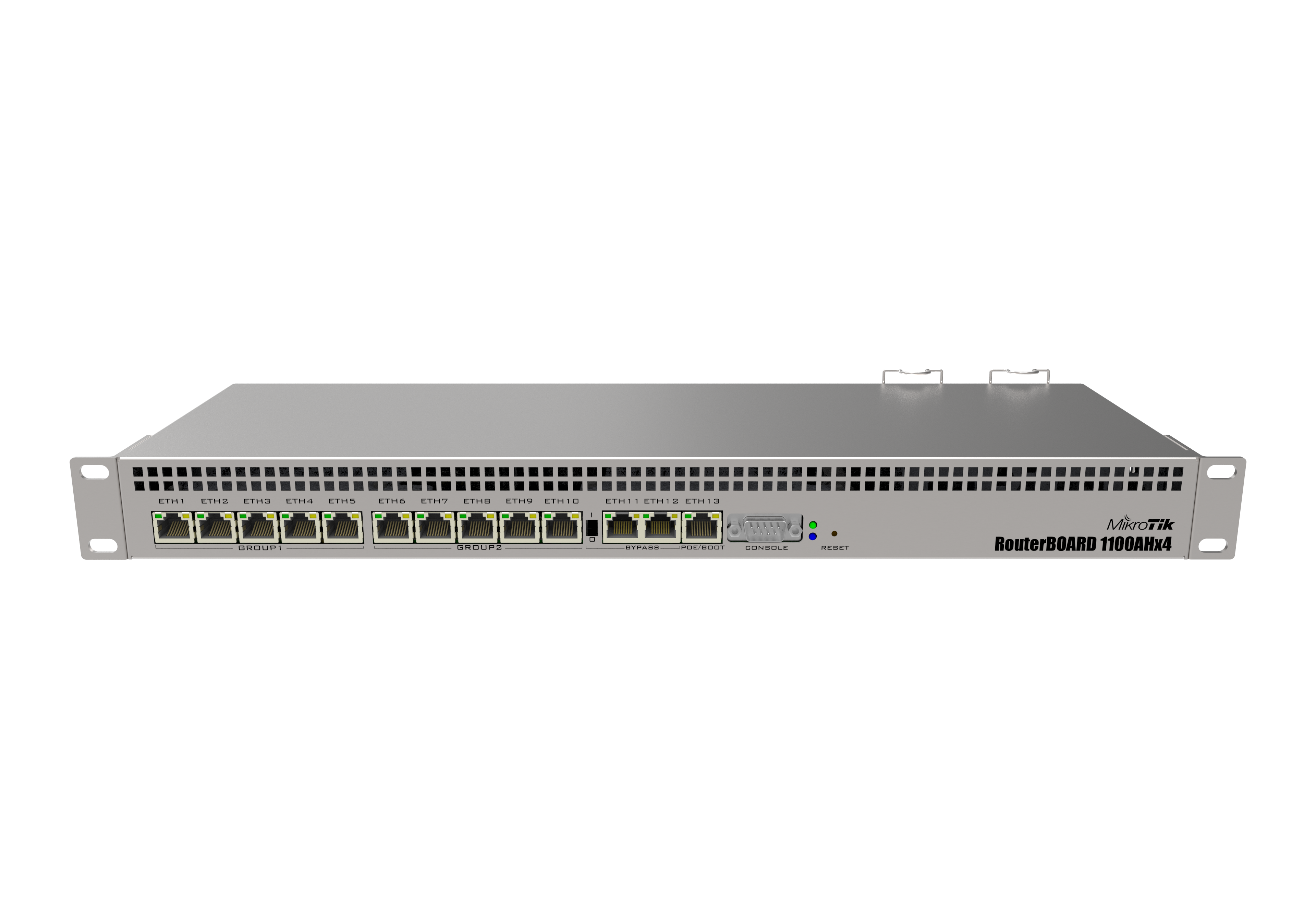 Router con 13 puertos GIGABIT, alimentación dual redundante, montaje en rack 1U, CPU con 4 núcleos, 1GB RAM, puerto serial RS232 – RB1100AHx4 Mikrotik
