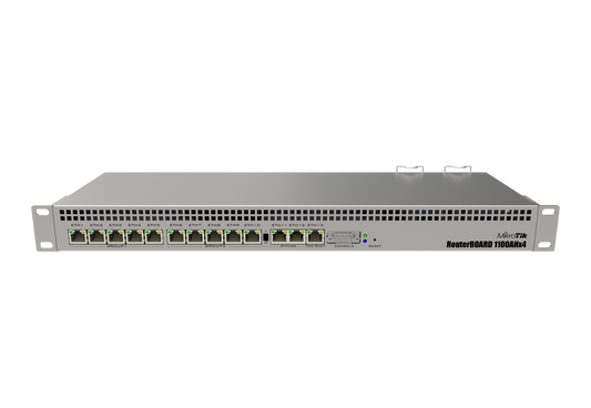 Router con 13 puertos GIGABIT, alimentación dual redundante, montaje en rack 1U, CPU con 4 núcleos, 1GB RAM, puerto serial RS232 – RB1100AHx4 Mikrotik