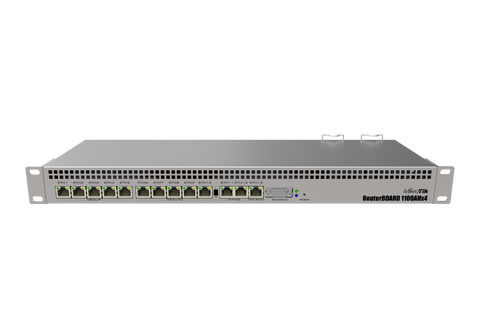 Router con 13 puertos GIGABIT, alimentación dual redundante, montaje en rack 1U, CPU con 4 núcleos, 1GB RAM, puerto serial RS232 – RB1100AHx4 Mikrotik