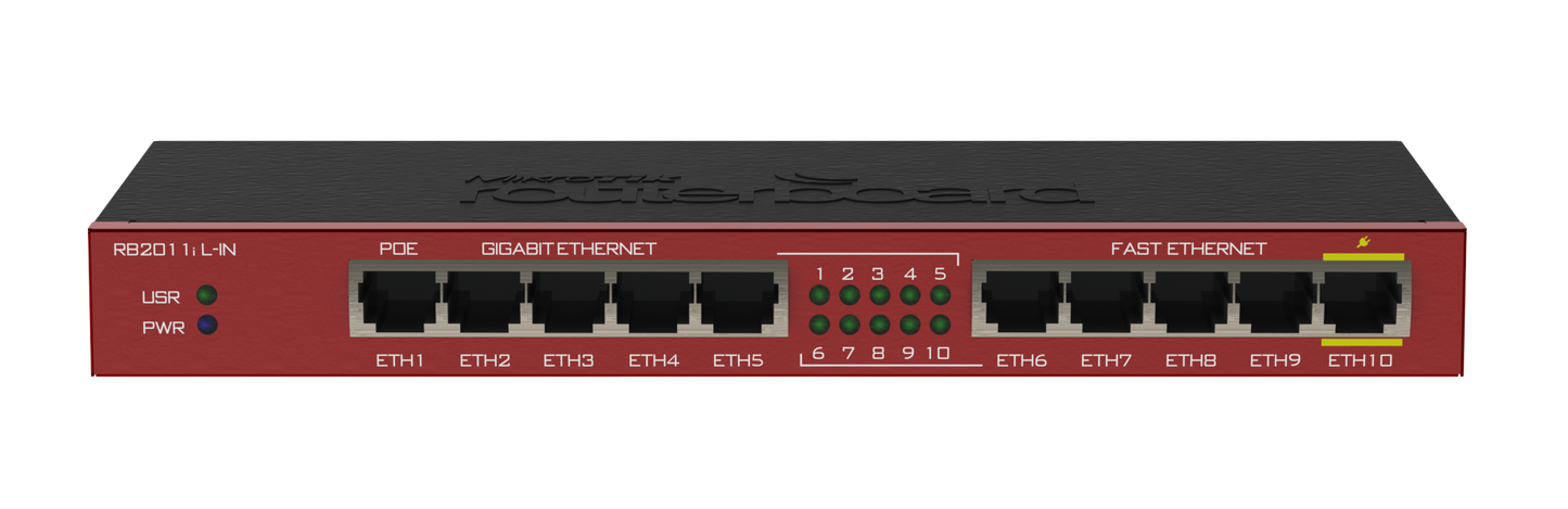 Router con 5 puertos Gigabit, 5 puertos 10/100, 1 puerto PoE – RB2011iL-IN Mikrotik
