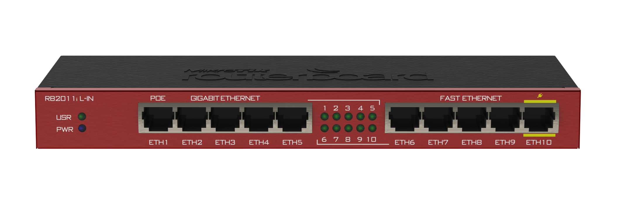 Router con 5 puertos Gigabit, 5 puertos 10/100, 1 puerto PoE – RB2011iL-IN Mikrotik