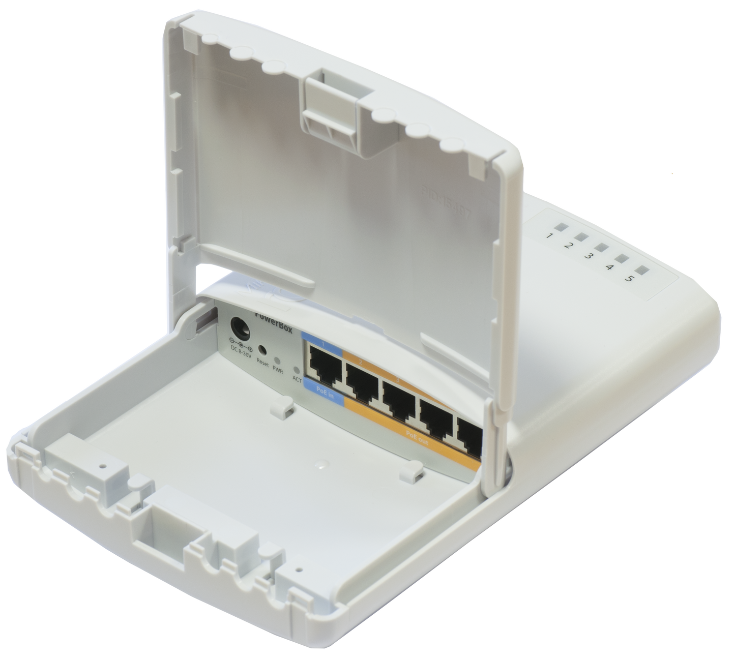 Router con 5 puertos 10/100Mbps, de exterior, PoE en 4 puertos – RB750P-PBr2 (PowerBOX) Mikrotik