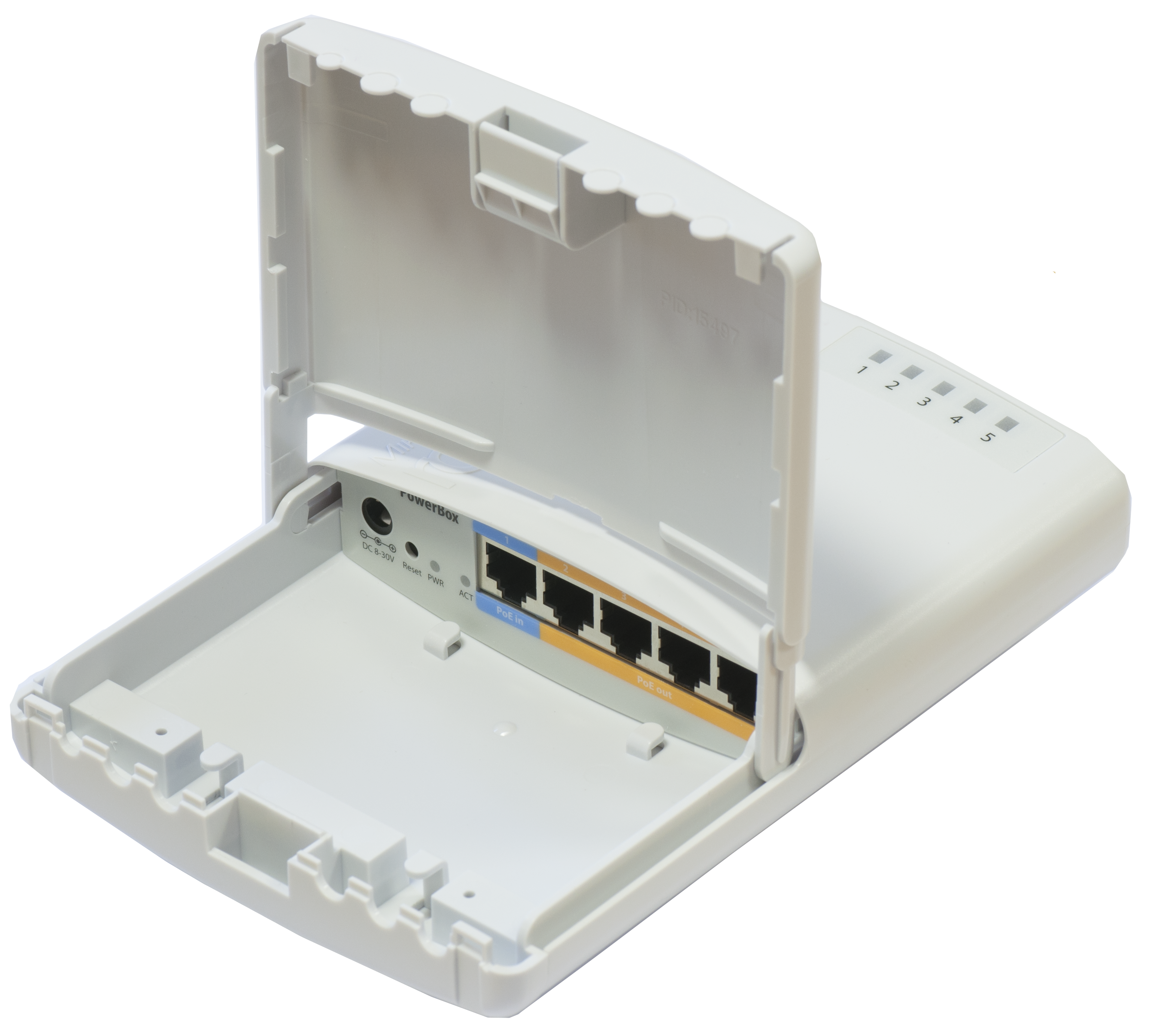 Router con 5 puertos 10/100Mbps, de exterior, PoE en 4 puertos – RB750P-PBr2 (PowerBOX) Mikrotik