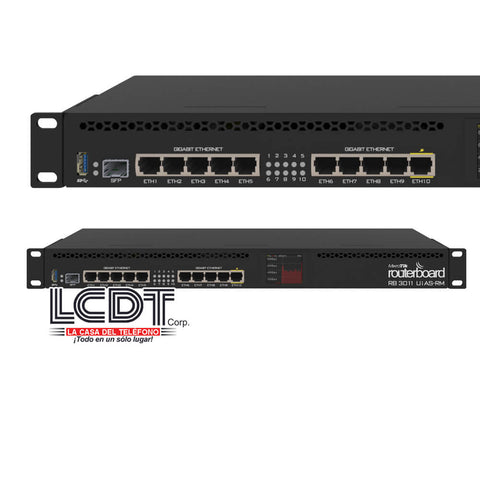 Router con 10 puertos Gigabit ethernet, 1 puerto PoE, SFP, LCD, USB3.0, 1G RAM, montaje en rack – RB3011UiAS-RM Mikrotik