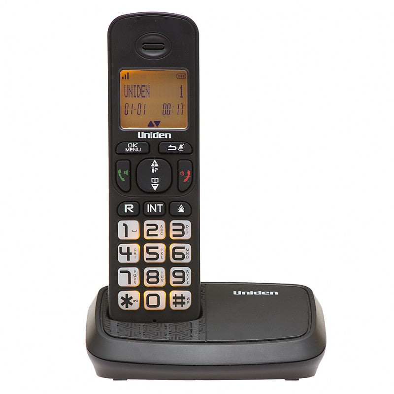 Teléfono inalámbrico Uniden AT4103 en color negro, pantalla y teclado grandes e iluminados, identificador de llamadas y altavoz