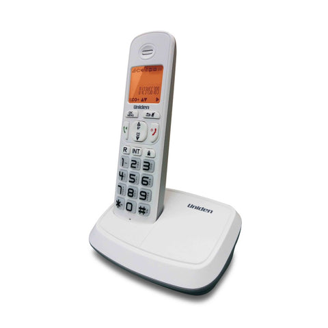 Teléfono inalámbrico Uniden AT4103 en color blanco, pantalla y teclado grandes e iluminados, identificador de llamadas y altavoz