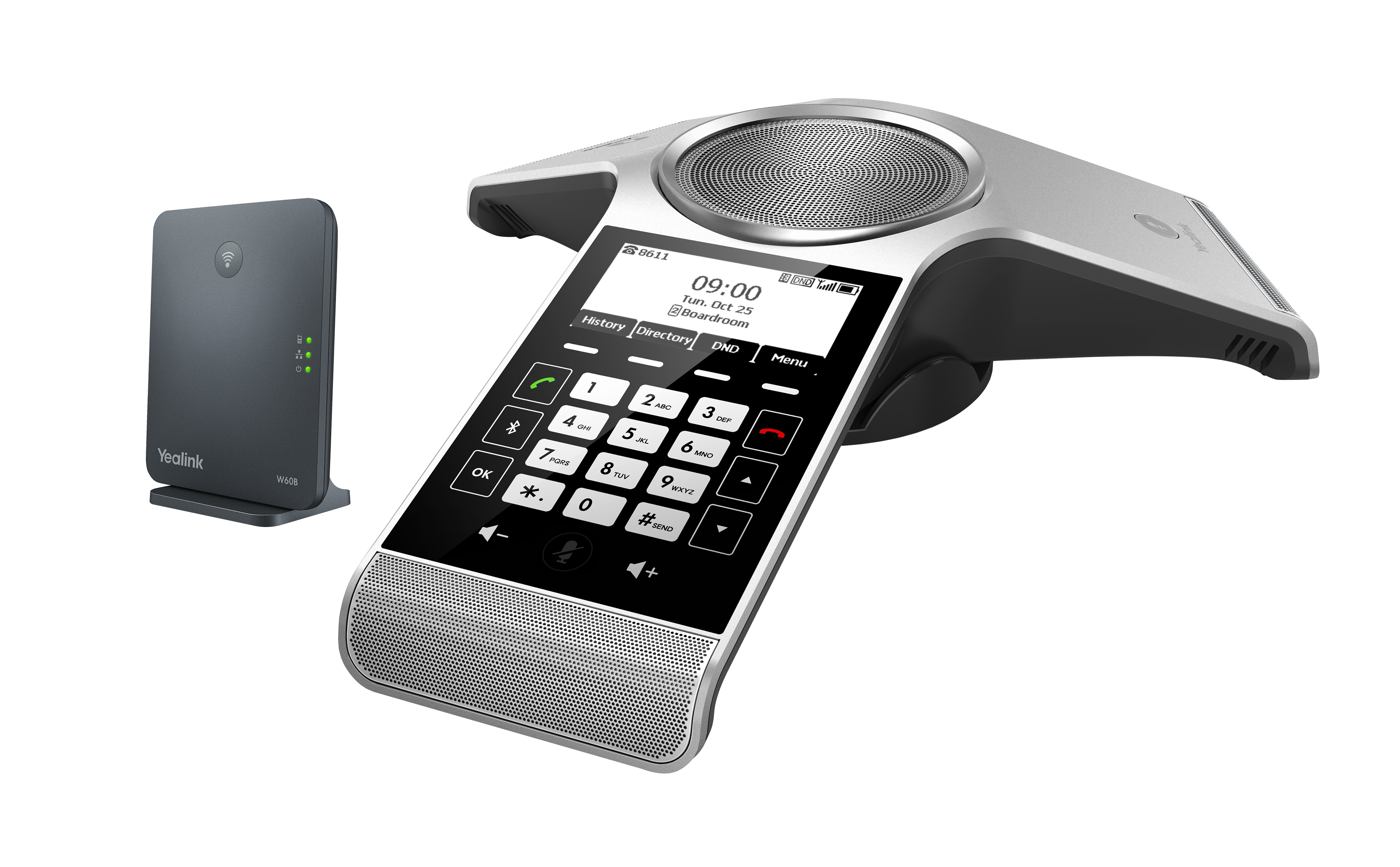 Teléfono IP inalámbrico DECT Yealink CP930W-Base para Sala de Conferencia, incluye estación Base W60B, soporta hasta 8 cuentas SIP