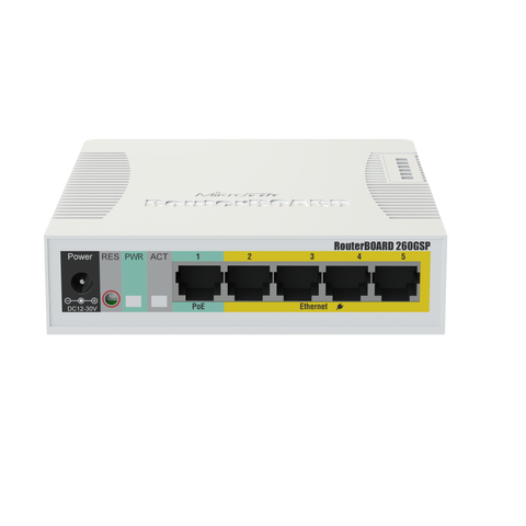Switch con 5 puertos gigabit ethernet, PoE, 1 interface SFP – RB260GSP (CSS106-1G-4P-1S) Mikrotik