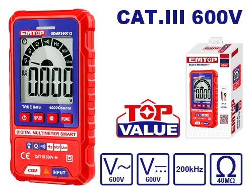 Multímetro digital SMART CAT.III 600V, TRUE RMS, compacto, pantalla LCD  – EMTOP EDMR160012