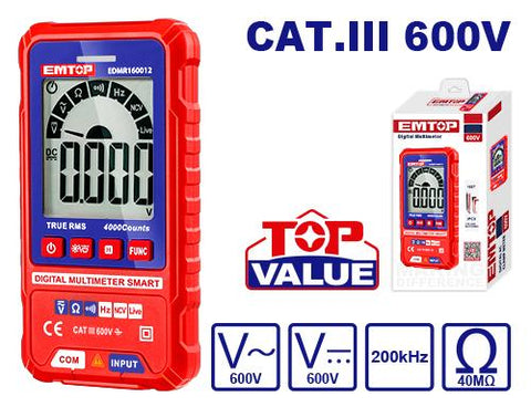 Multímetro digital SMART CAT.III 600V, TRUE RMS, compacto, pantalla LCD  – EMTOP EDMR160012