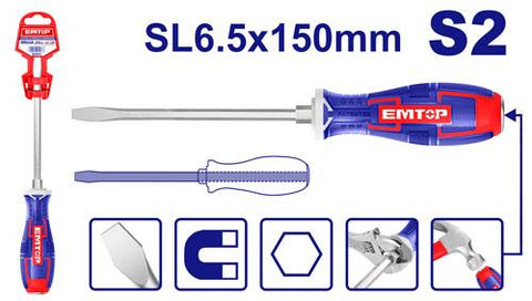 Destornillador de varilla pasante punta plana SL6.5 150mm – EMTOP EGTSSL6150