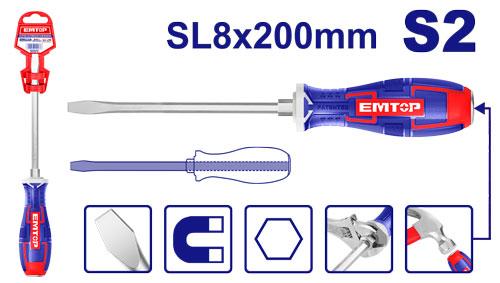 Destornillador de varilla pasante punta plana SL8 200mm – EMTOP EGTSSL8200