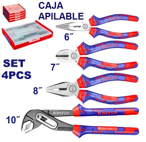 Set de 4 alicates: universal, corte diagonal, punta larga y pico de loro, incluye estuche – EMTOP EHTSV01P04
